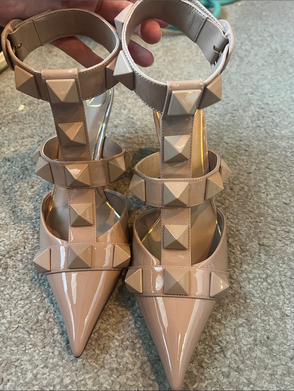 Valentino Garavani Blush Patent Pyramid-Stud Pointed T-Strap Pumps